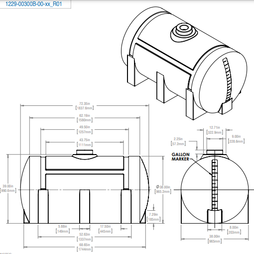 300 Gallon Horizontal Industrial Tanks 1.9 SG RTS Plastics HLT-250 Ind